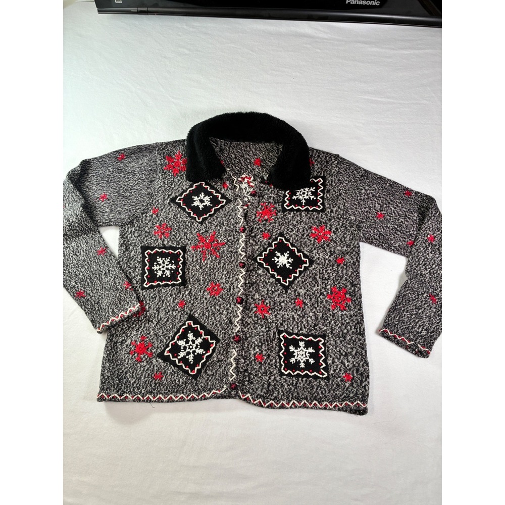 Vintage Style Snowflake‎ Embroidered Cardigan Faux Fur Collar Salt Pepper XL